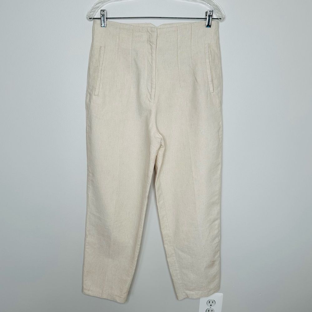 Zara Women's Rustic High-Waisted Linen Blend Pants Cream Colored Size Large - Picture 2 of 9
